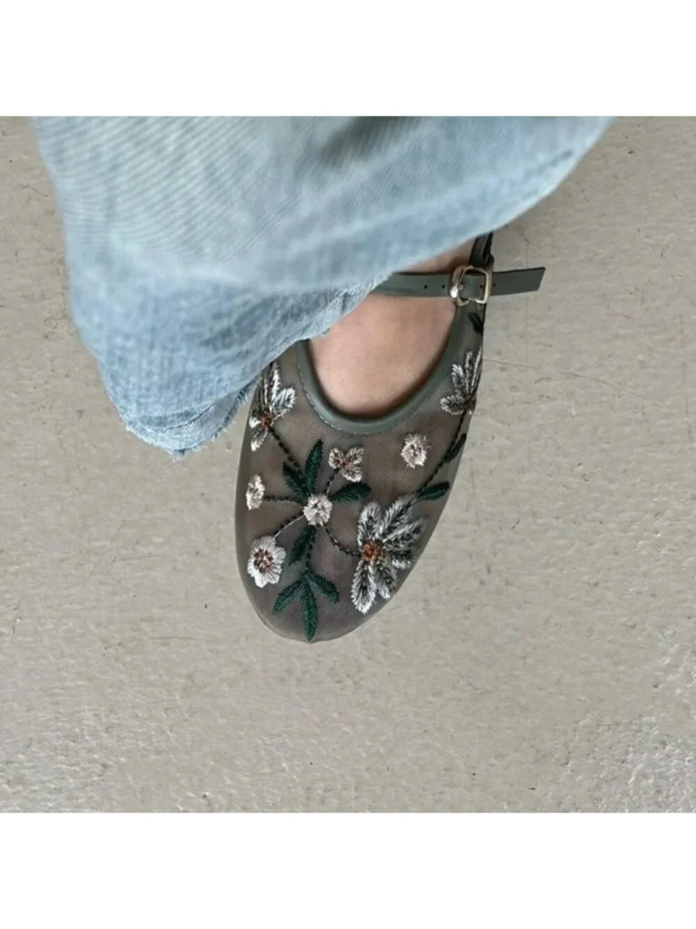 Floral Embroidered Mesh Ballet Flats for Women | Round Toe Mary Jane Style